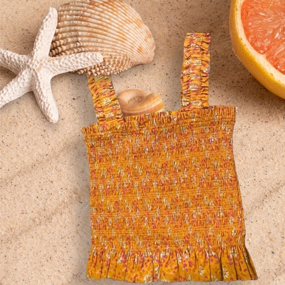 WAYF Smocked Ruffle Hem Top, Orange Yellow Floral Print 100% Cotton, Size Medium - Picture 1 of 12